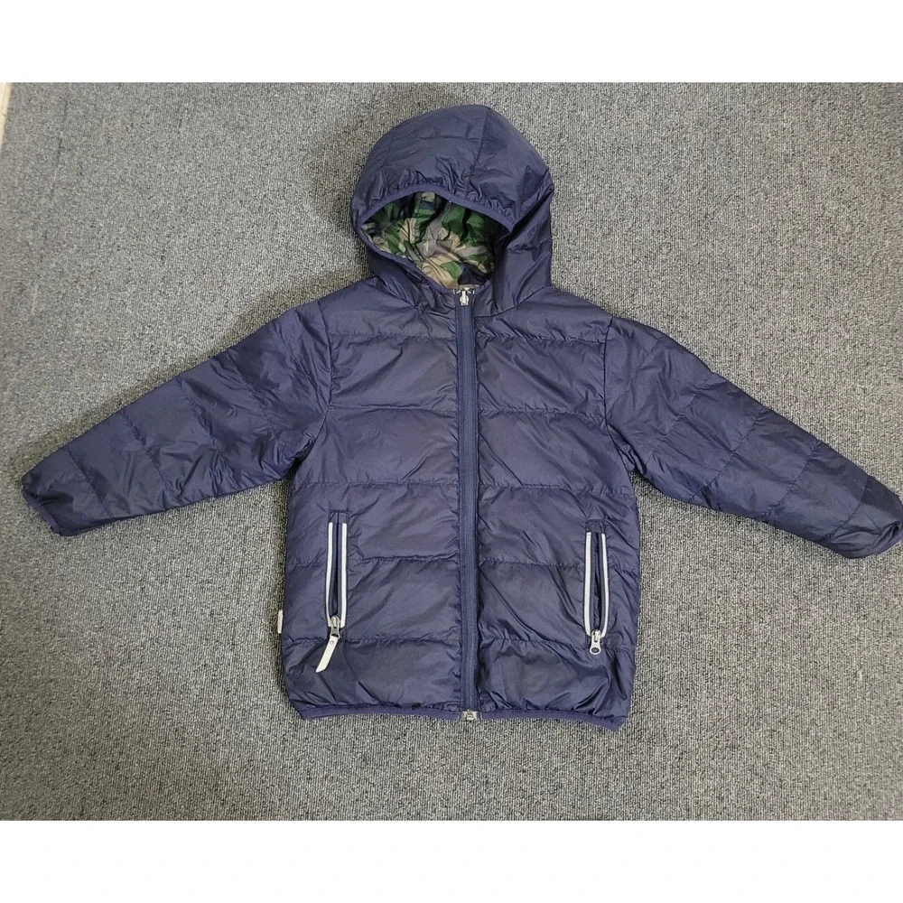 Hanna Andersson 110 Reversible Camo Puffer Jacket Kids Green Navy Down Hooded